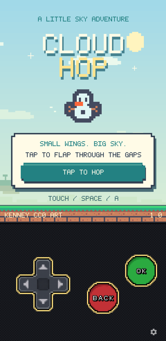 Cloud Hop title screen: a pixel-art penguin over a bright sky.