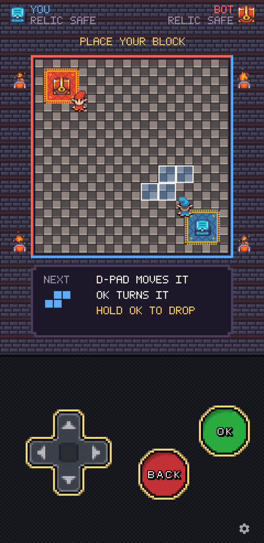 Relic Rush in play: two heroes racing across a tiled dungeon board.