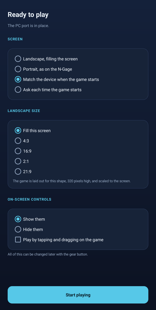 The app's setup screen, offering screen orientation, landscape size and on-screen control options.