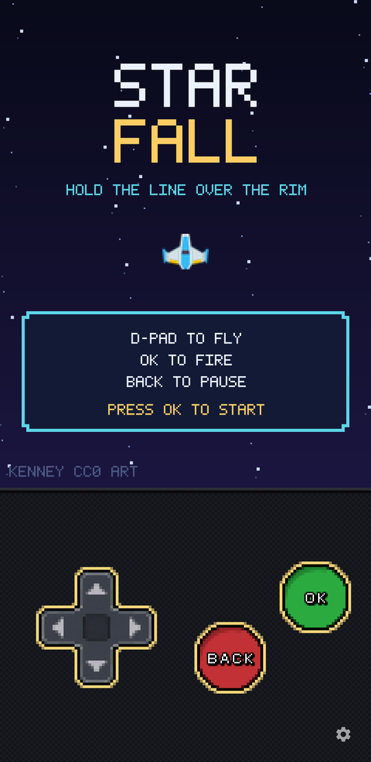 Starfall title screen: a pixel-art fighter over a starfield, with the on-screen D-pad below.